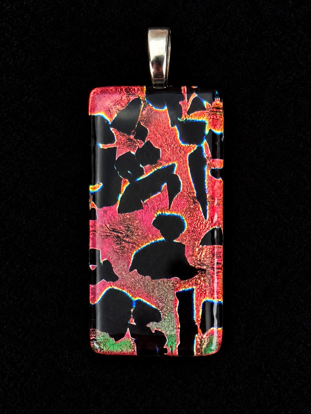 Artisan Black Red Iridescent Dichroic Style Glass Rectangle Pendant